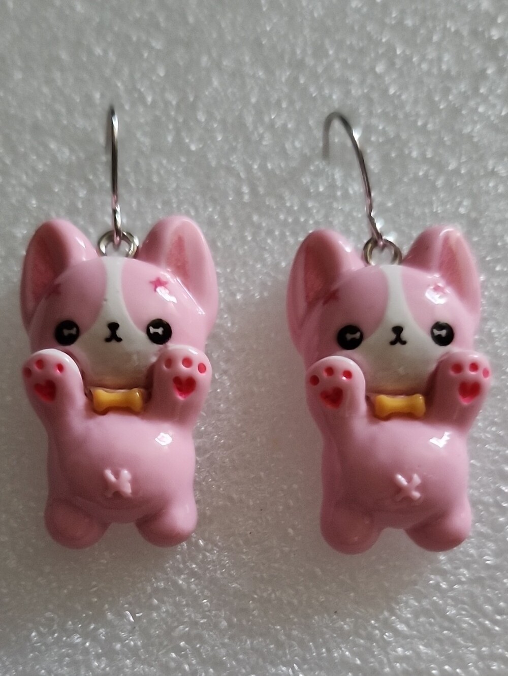 Hand Crafted Pink and White Cat Dangle Earrings with Yellow Bow